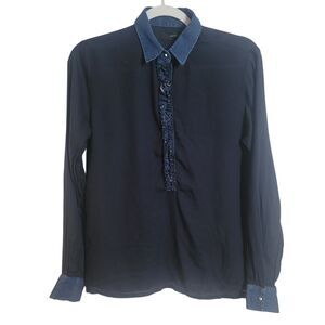 Diesel Women's Ruffle Henley Collared Long Sleeve Shirt Blue Lightweight Small